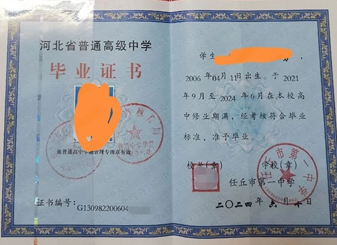 故城任丘市第一中学高中毕业证样本图片